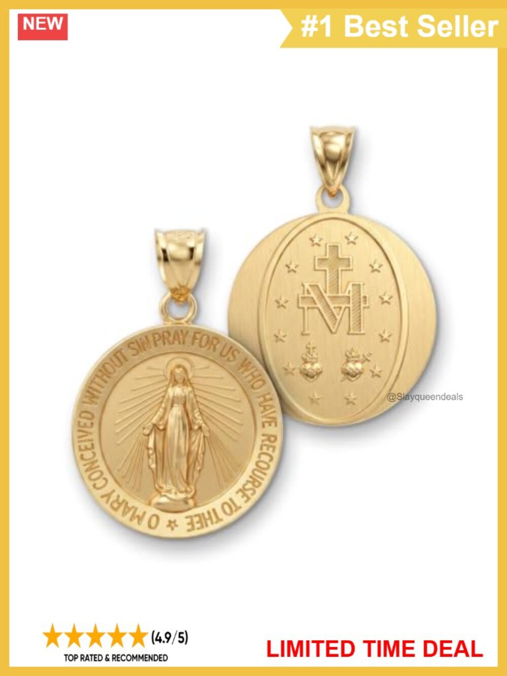 14K Yellow Gold Virgin Mary Medal Pendant 0.75" Religious Jewelry